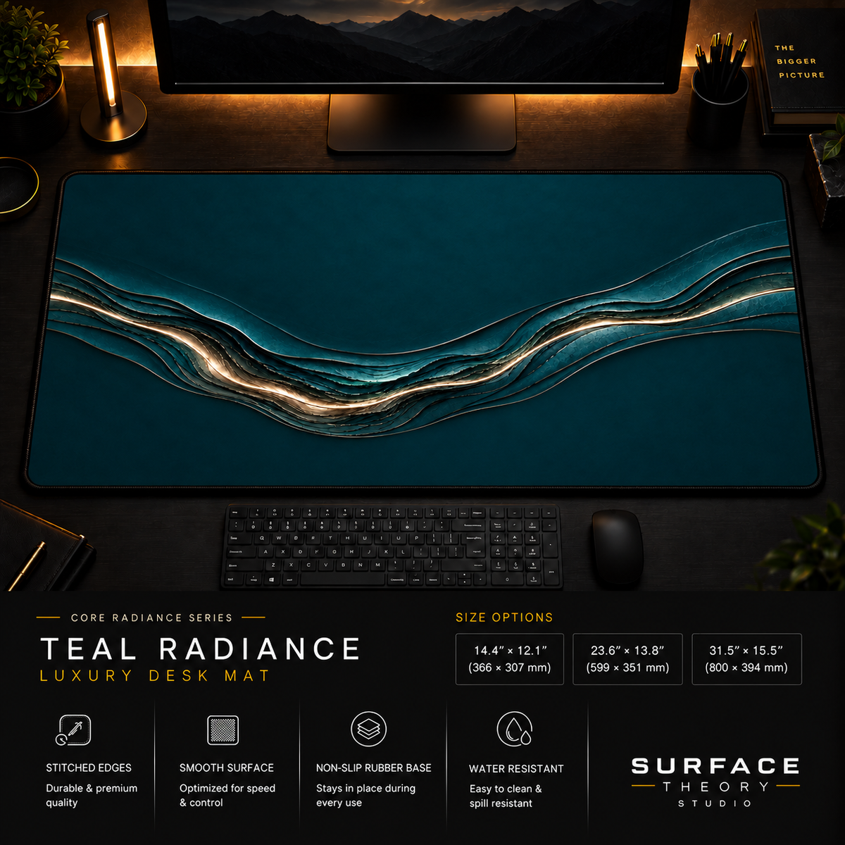 Teal Radiance desk mat in a dark workstation with warm monitor lighting.