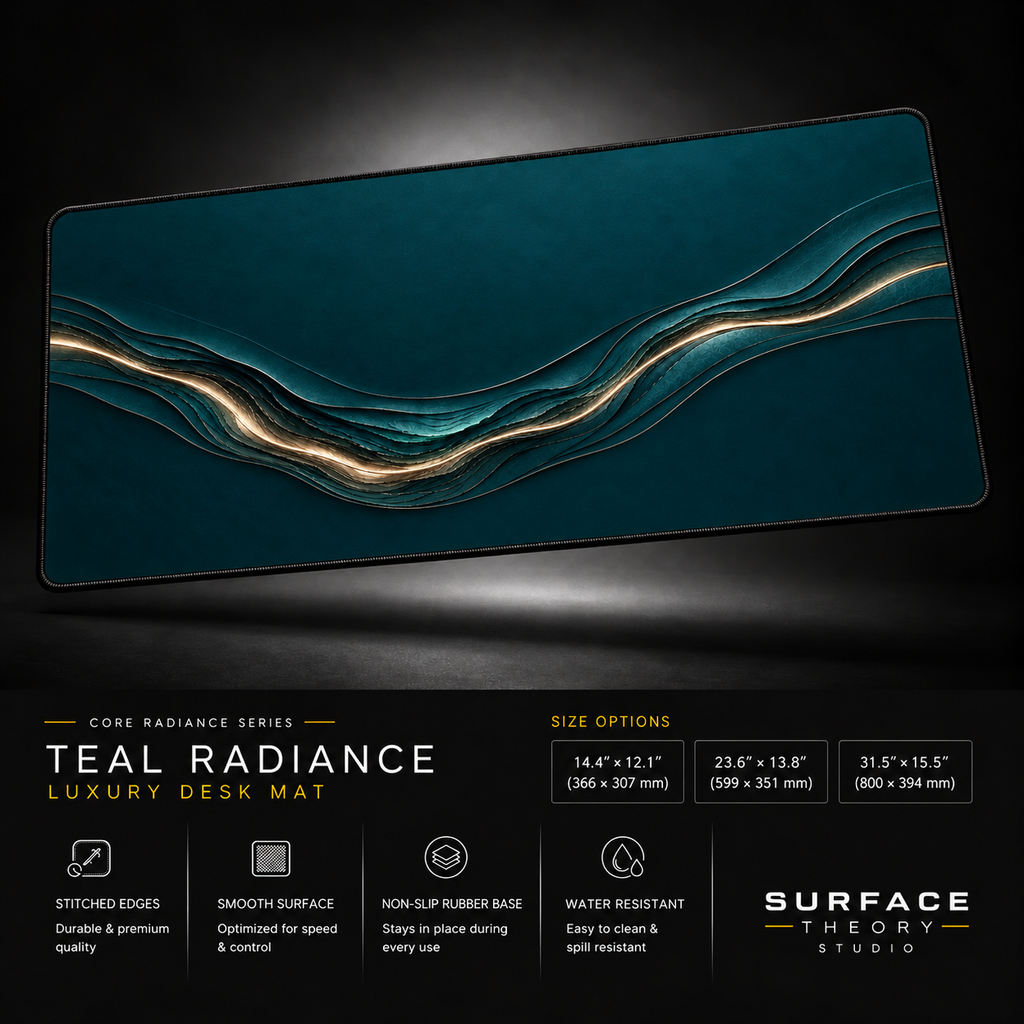 Teal Radiance desk mat floating against a dark studio background.