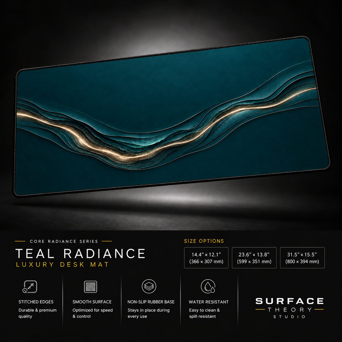 Teal Radiance desk mat floating against a dark studio background.