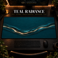 Teal Radiance desk mat in a warm, dark workspace.