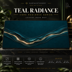 Teal Radiance desk mat on a studio display with size and product information.