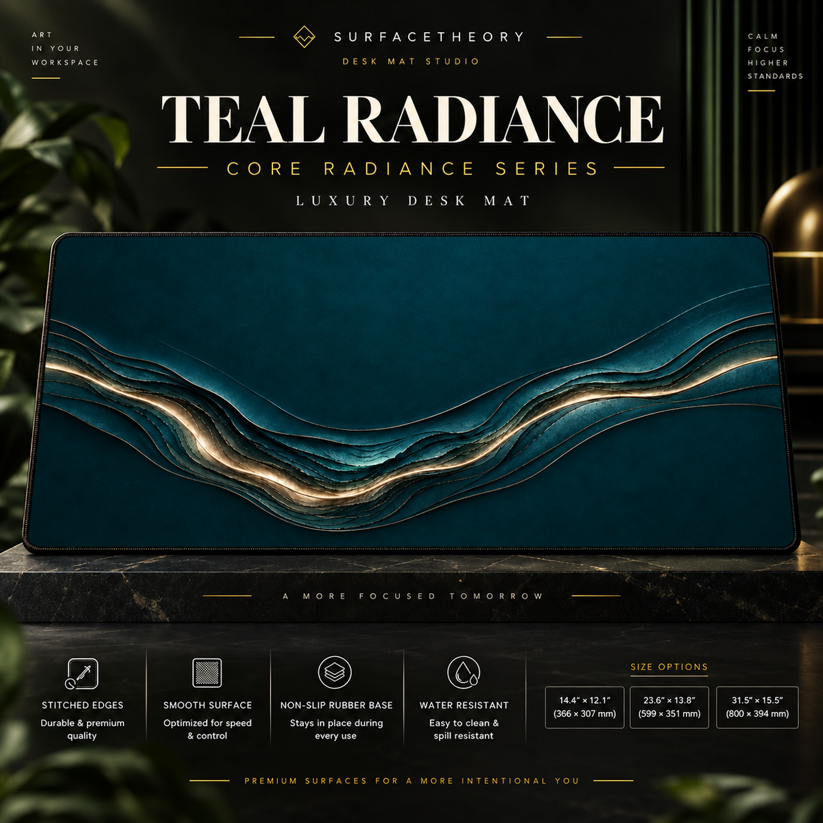 Teal Radiance desk mat on a studio display with size and product information.