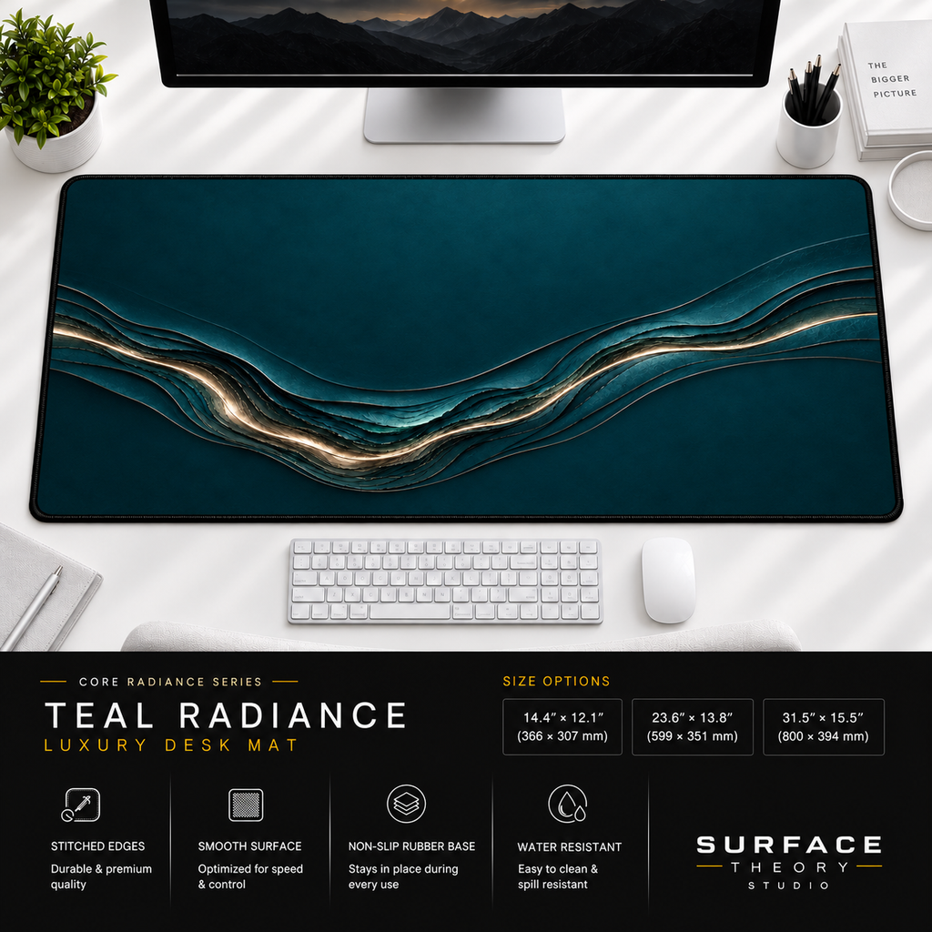 Teal Radiance desk mat beneath a monitor on a bright desk with a white keyboard and mouse.