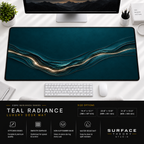 Teal Radiance desk mat beneath a monitor on a bright desk with a white keyboard and mouse.