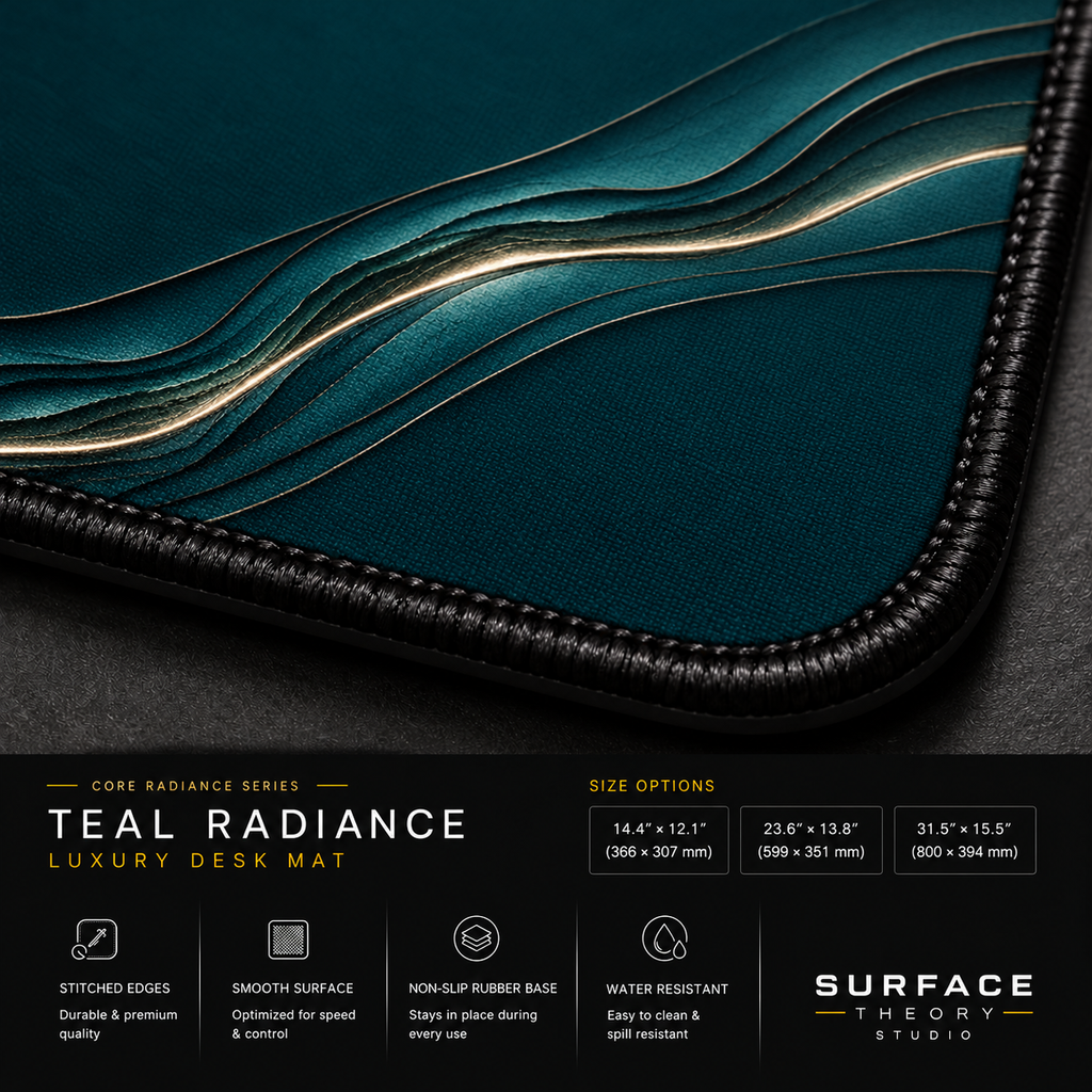 Close-up of Teal Radiance printed artwork and black stitched corner.