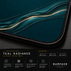 Close-up of Teal Radiance printed artwork and black stitched corner.