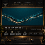 Teal Radiance desk mat in a gold-toned showcase frame above a keyboard.