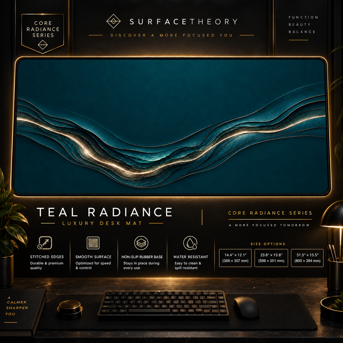 Teal Radiance desk mat in a gold-toned showcase frame above a keyboard.