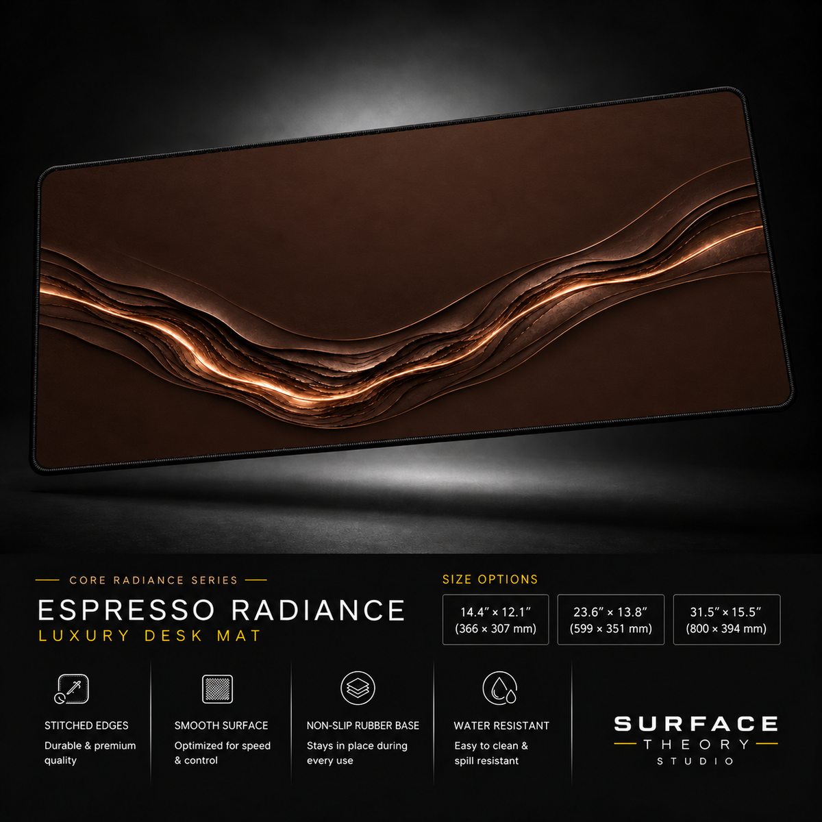 Espresso Radiance desk mat floating against a dark studio background.
