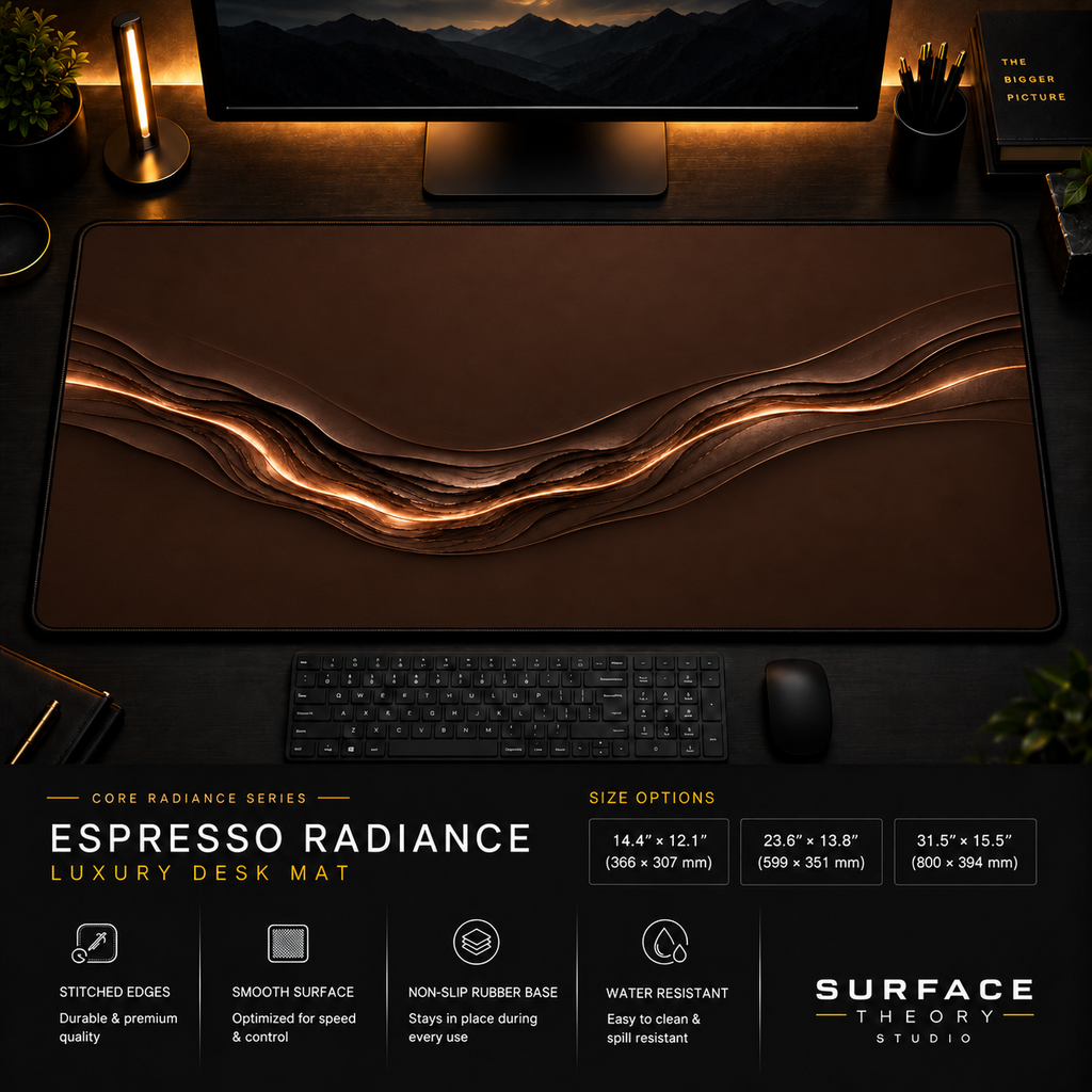 Espresso Radiance desk mat in a dark workstation with warm monitor lighting.