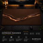 Espresso Radiance desk mat in a dark workstation with warm monitor lighting.