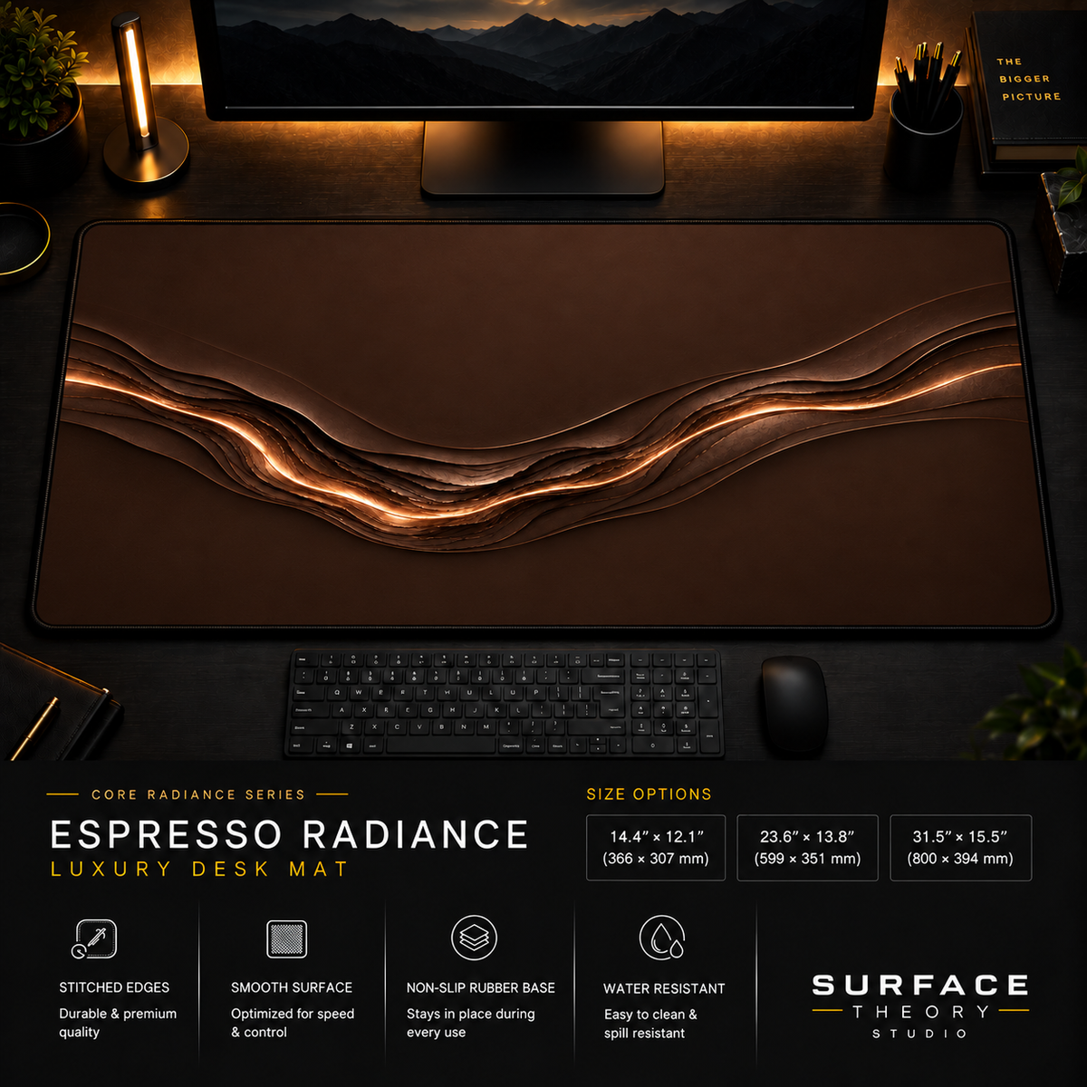 Espresso Radiance desk mat in a dark workstation with warm monitor lighting.