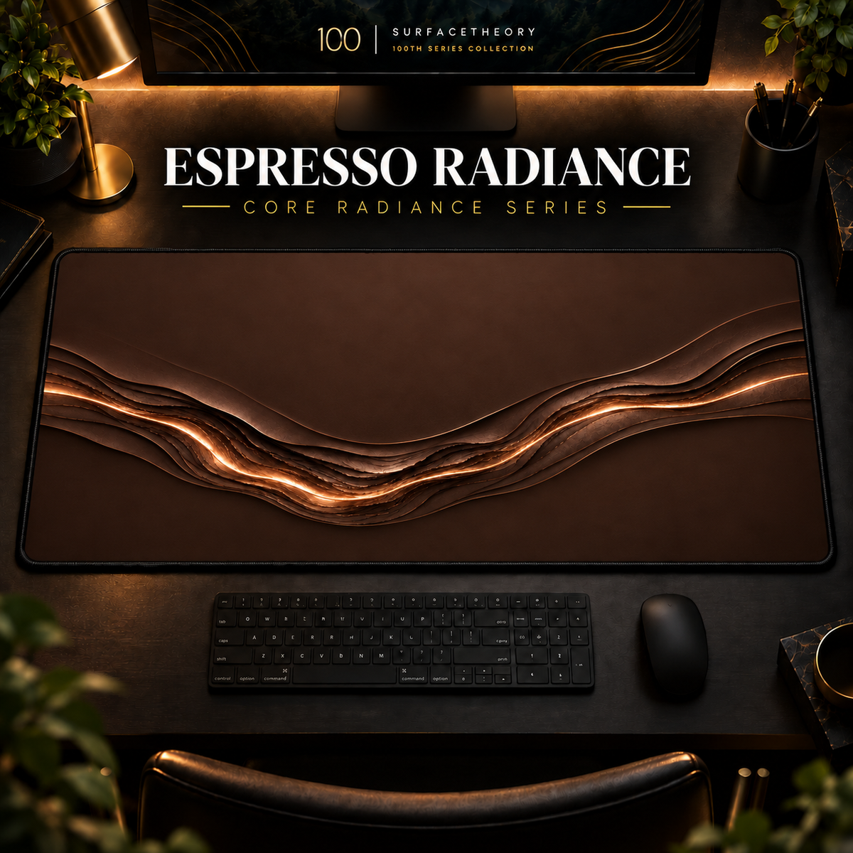 Espresso Radiance desk mat in a warm, dark workspace.