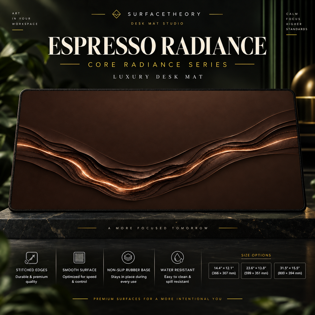 Espresso Radiance desk mat on a studio display with size and product information.