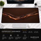 Espresso Radiance desk mat beneath a monitor on a bright desk with a white keyboard and mouse.