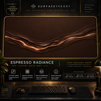 Espresso Radiance desk mat in a gold-toned showcase frame above a keyboard.