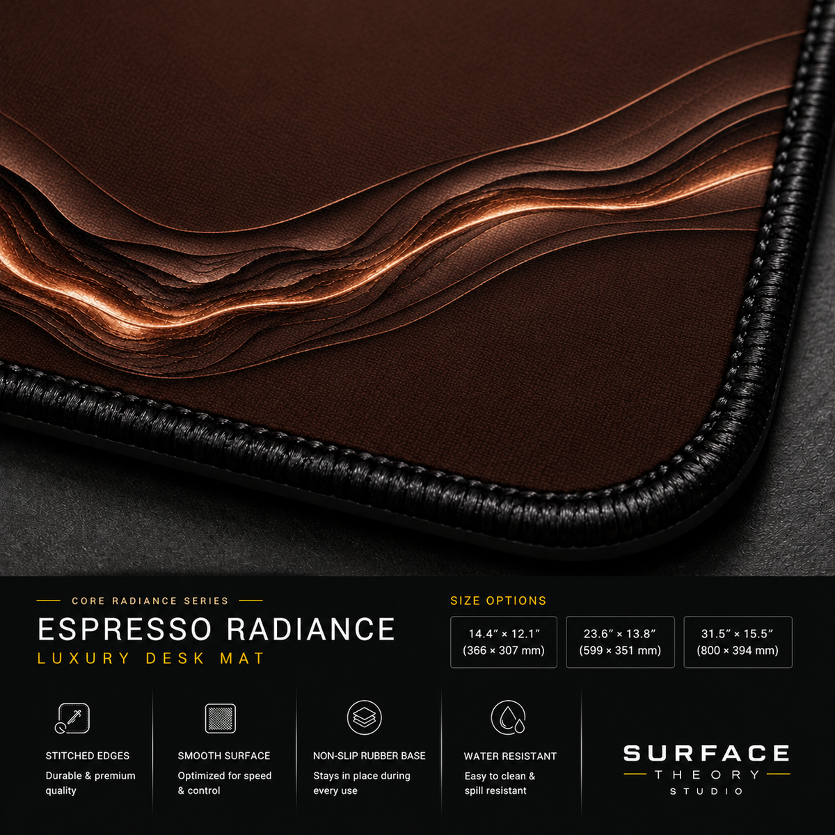 Close-up of Espresso Radiance printed artwork and black stitched corner.