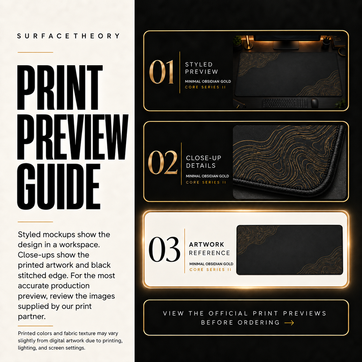 Minimal Obsidian Gold print preview guide comparing styled presentation, close-up and artwork reference.
