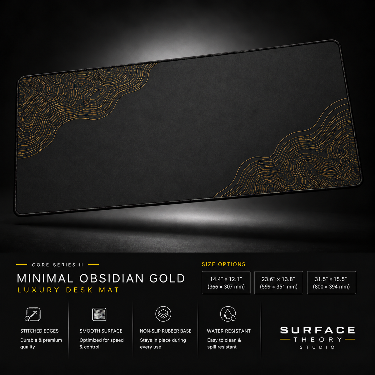 Minimal Obsidian Gold desk mat floating against a dark studio background.
