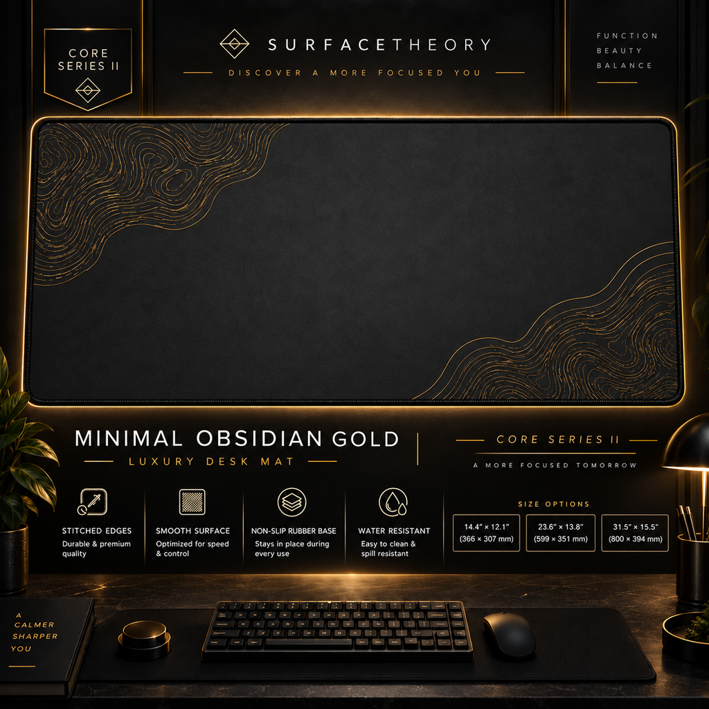Minimal Obsidian Gold desk mat in a gold-toned showcase frame above a keyboard.