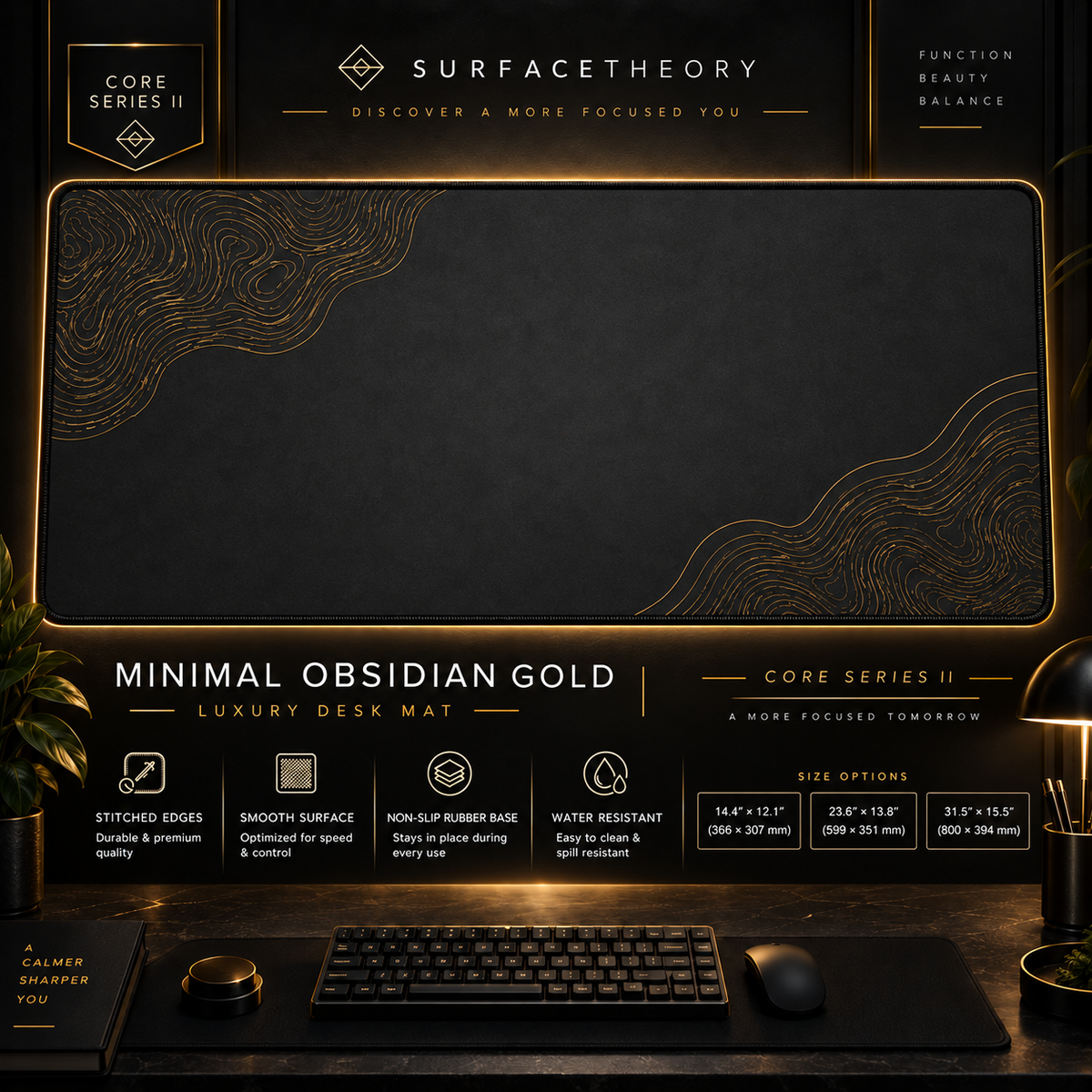 Minimal Obsidian Gold desk mat in a gold-toned showcase frame above a keyboard.