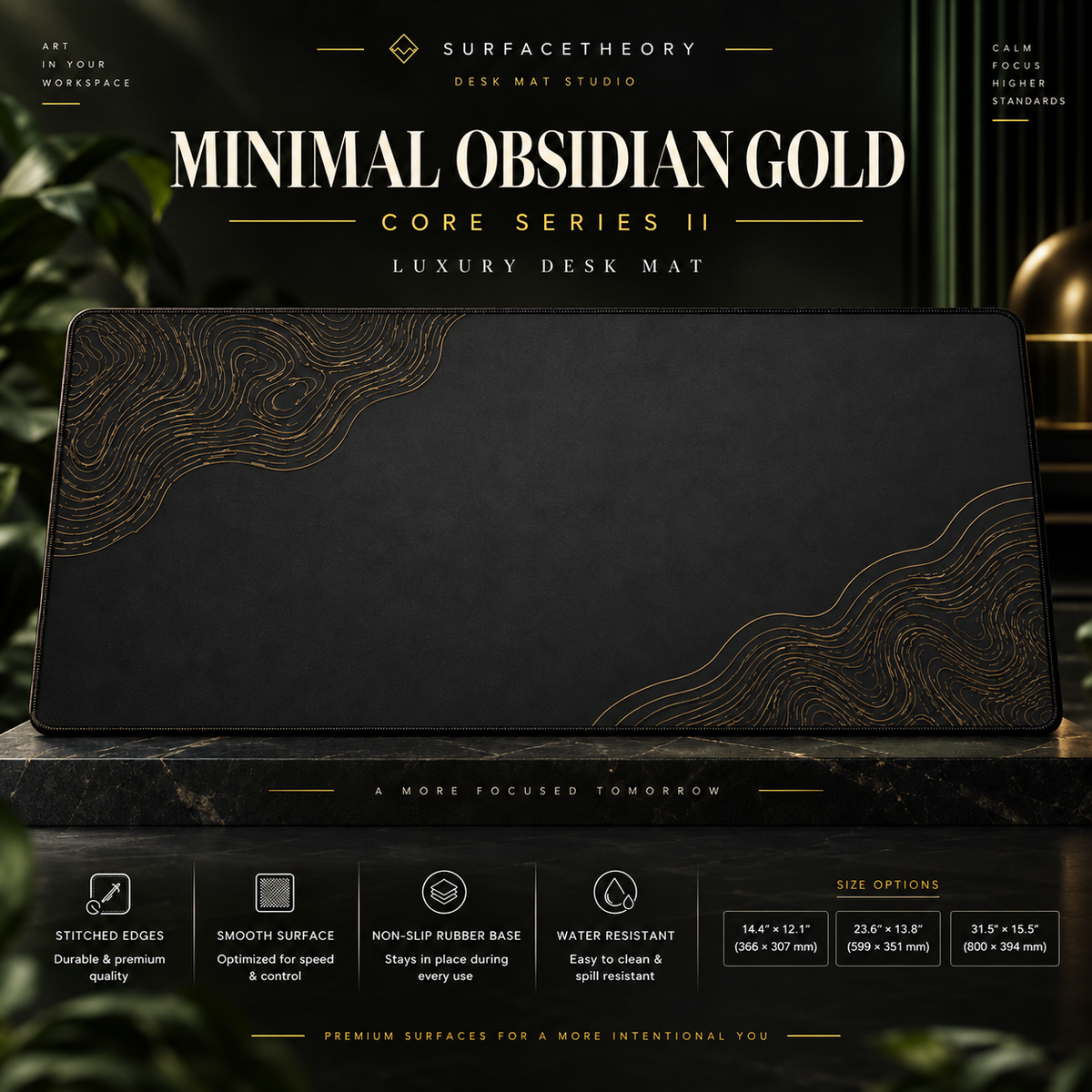 Minimal Obsidian Gold desk mat on a studio display with size and product information.