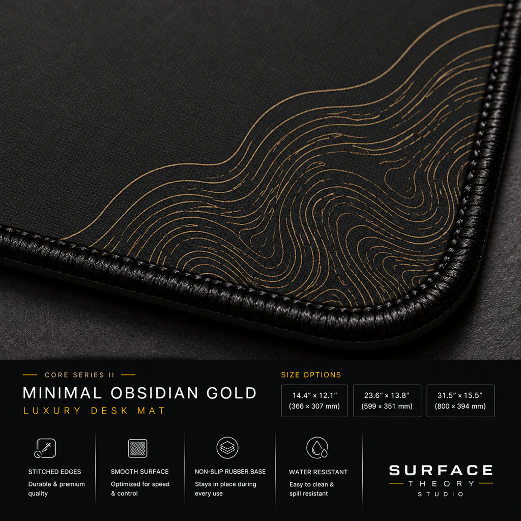 Close-up of Minimal Obsidian Gold printed artwork and black stitched corner.