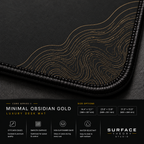 Close-up of Minimal Obsidian Gold printed artwork and black stitched corner.