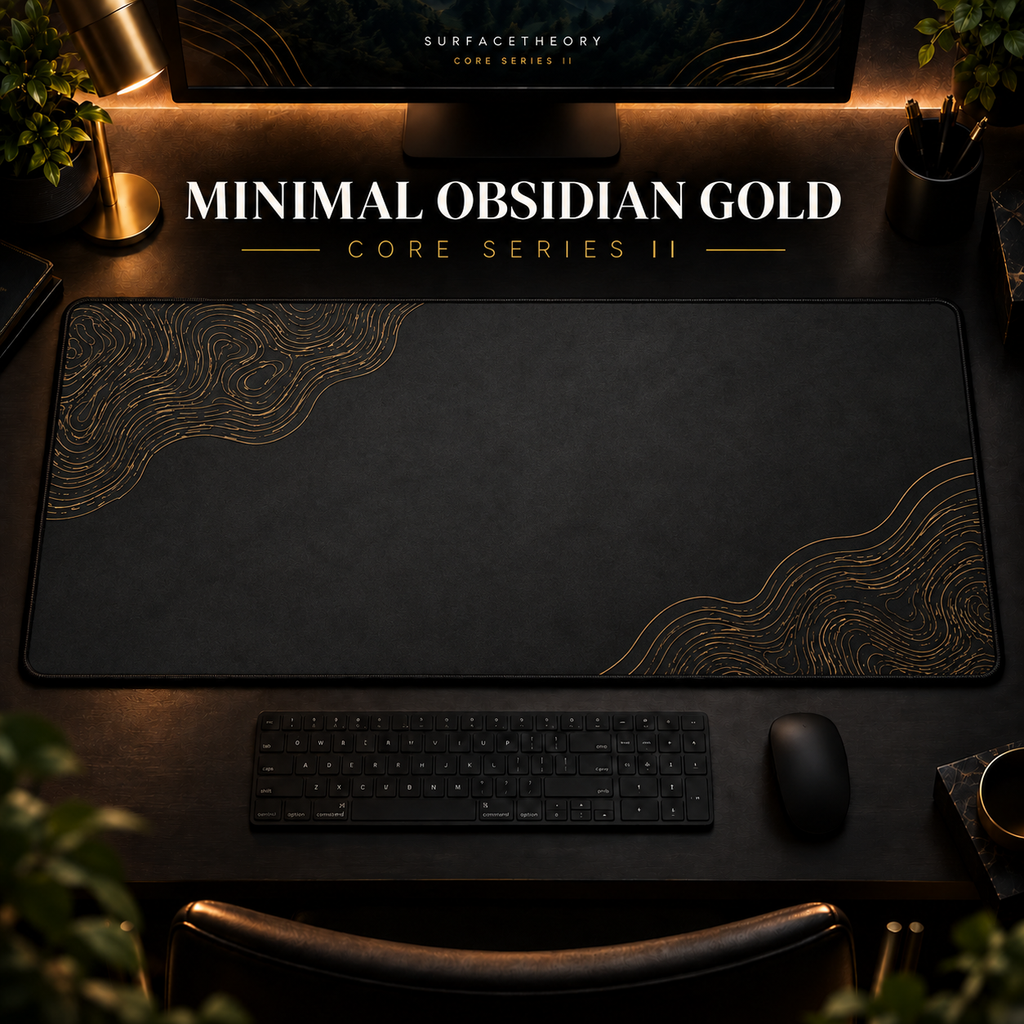 Minimal Obsidian Gold desk mat in a warm, dark workspace.