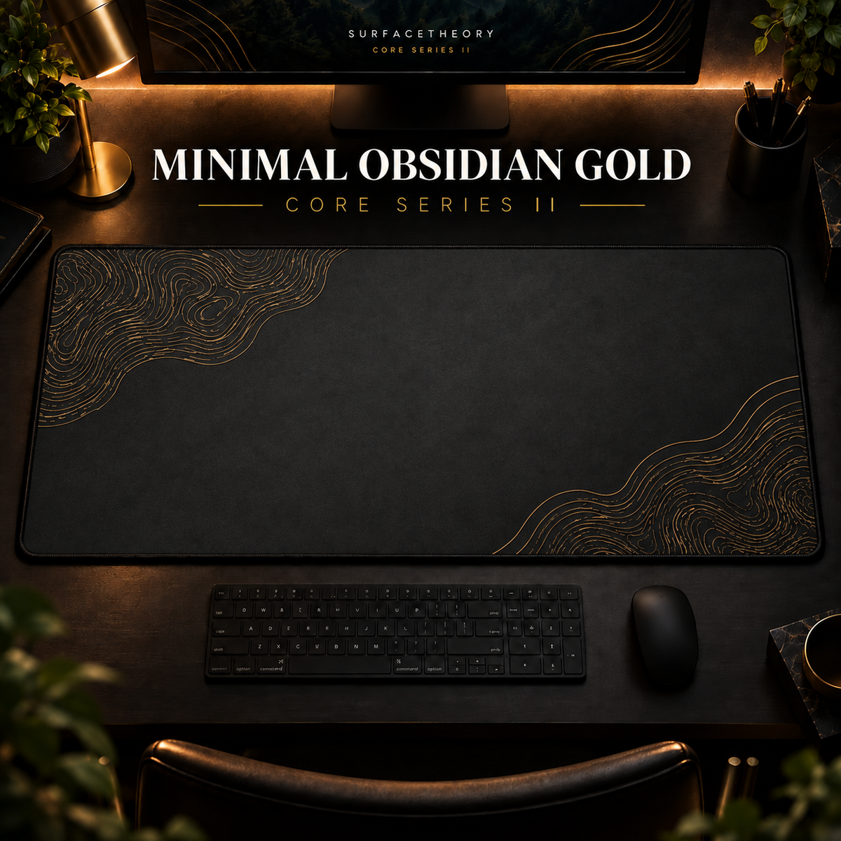 Minimal Obsidian Gold desk mat in a warm, dark workspace.