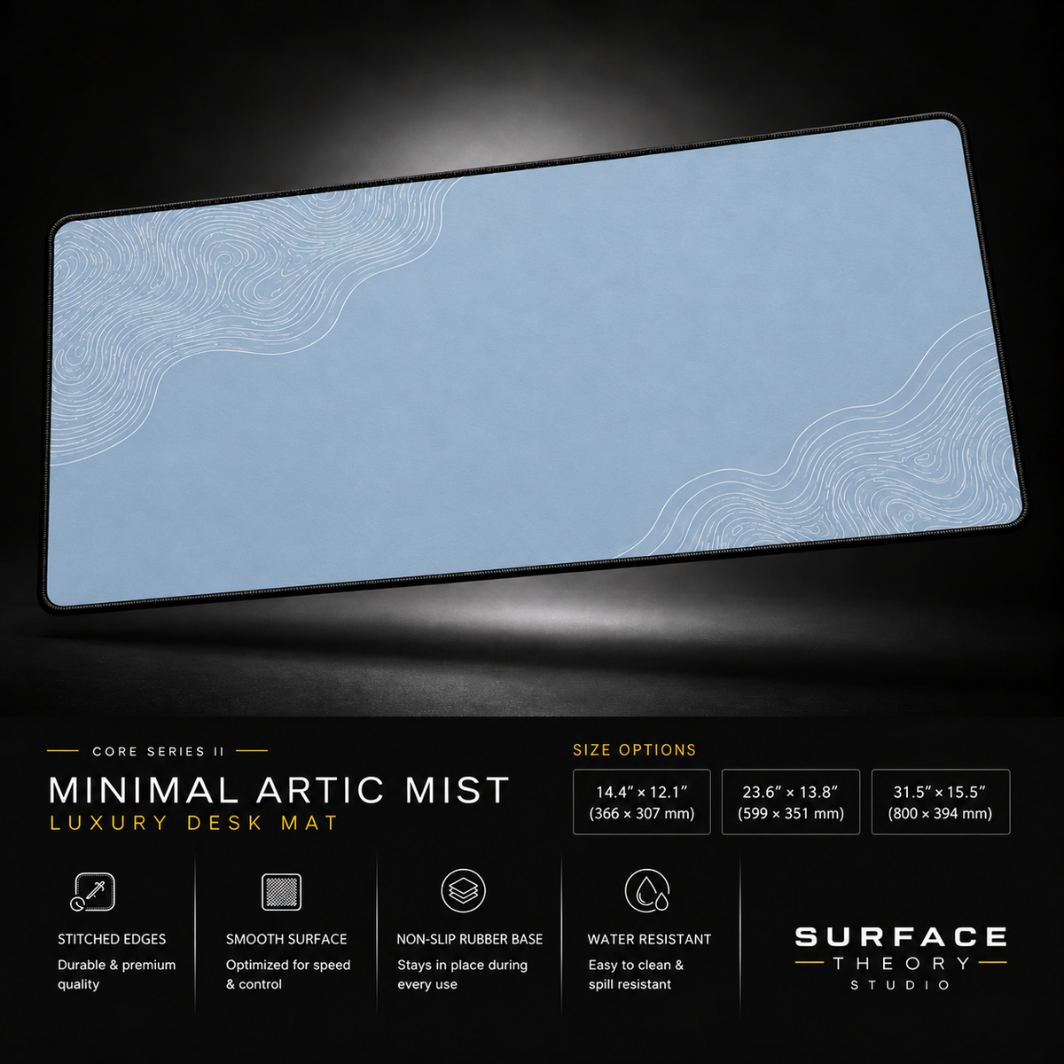 Minimal Artic Mist desk mat floating against a dark studio background.