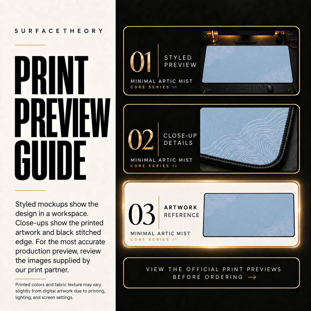 Minimal Artic Mist print preview guide comparing styled presentation, close-up and artwork reference.