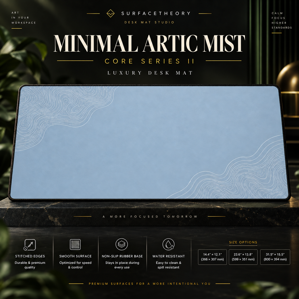 Minimal Artic Mist desk mat on a studio display with size and product information.