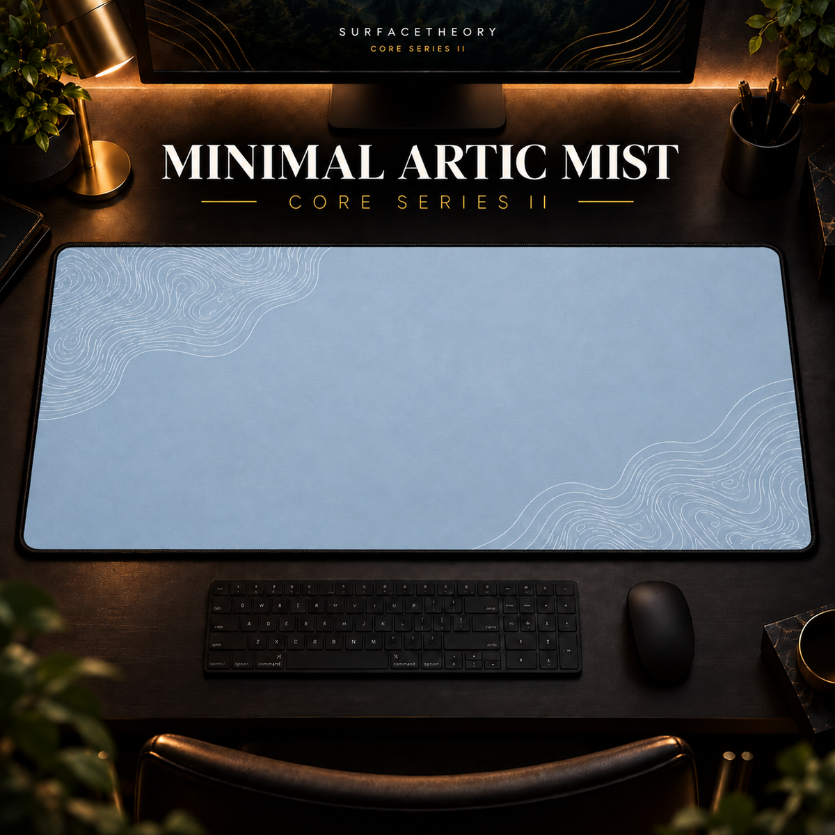 Minimal Artic Mist desk mat in a warm, dark workspace.