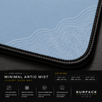Close-up of Minimal Artic Mist printed artwork and black stitched corner.