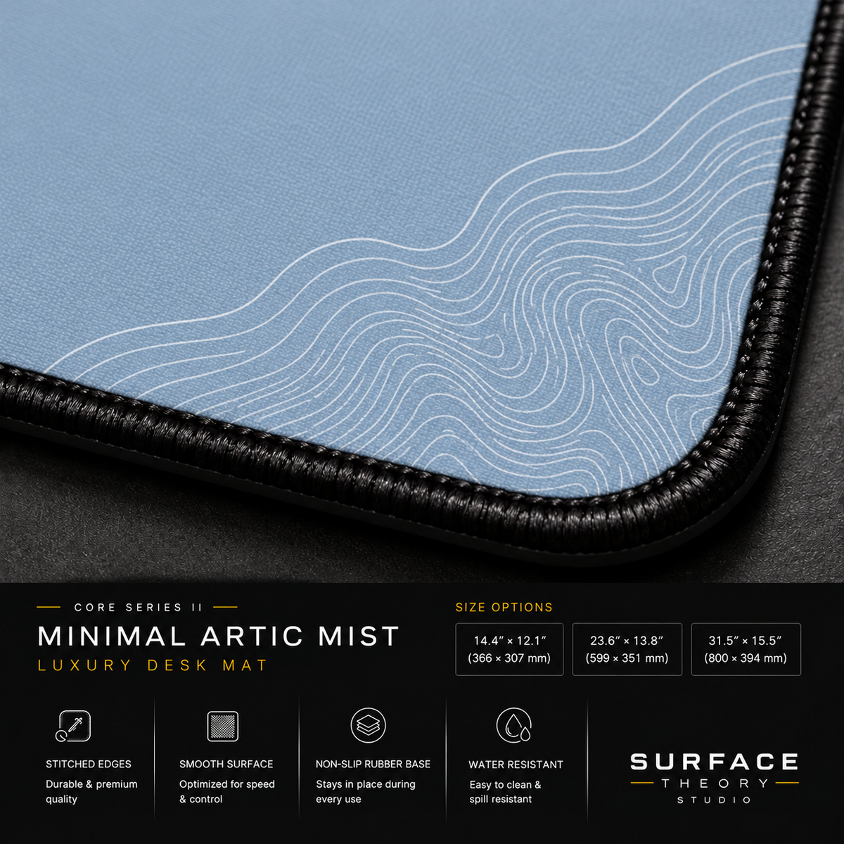 Close-up of Minimal Artic Mist printed artwork and black stitched corner.