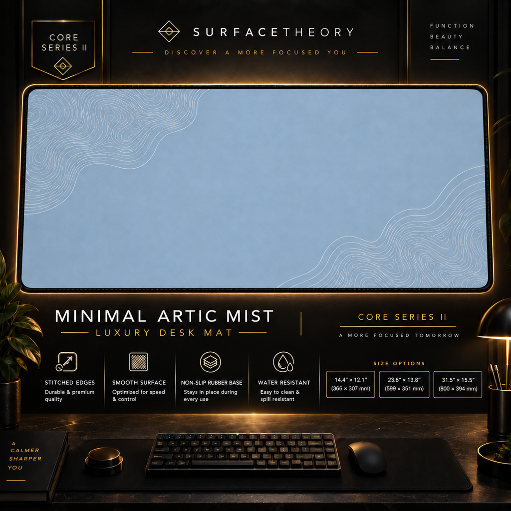 Minimal Artic Mist desk mat in a gold-toned showcase frame above a keyboard.