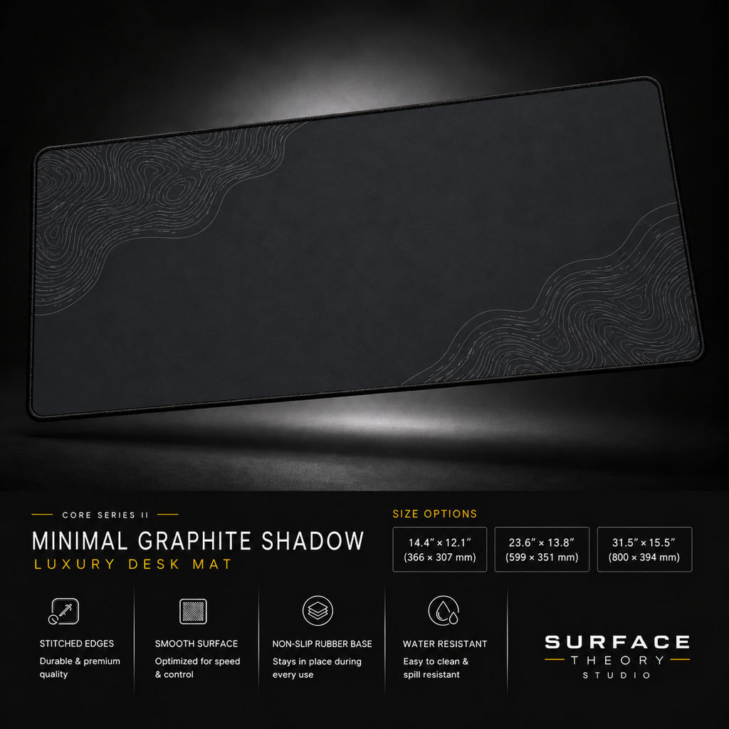 Minimal Graphite Shadow desk mat floating against a dark studio background.