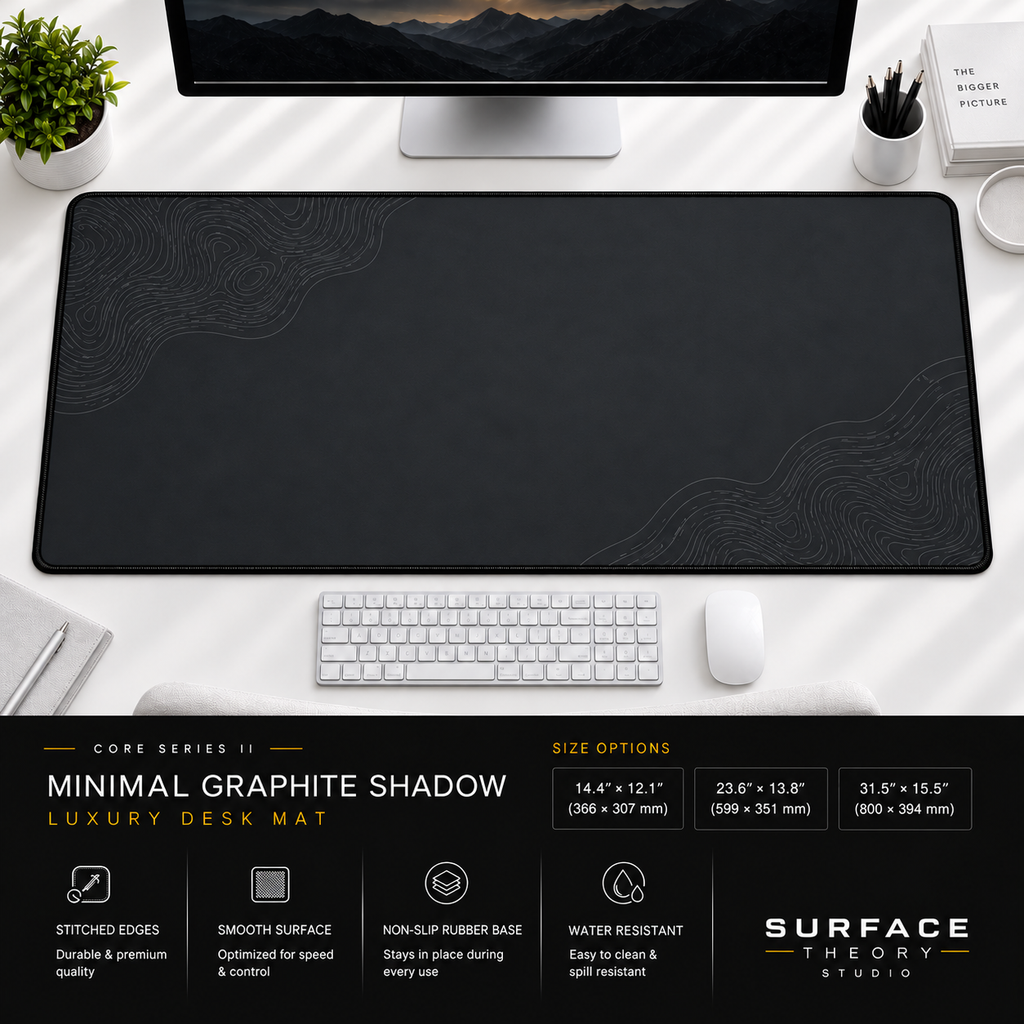 Minimal Graphite Shadow desk mat beneath a monitor on a bright desk with a white keyboard and mouse.