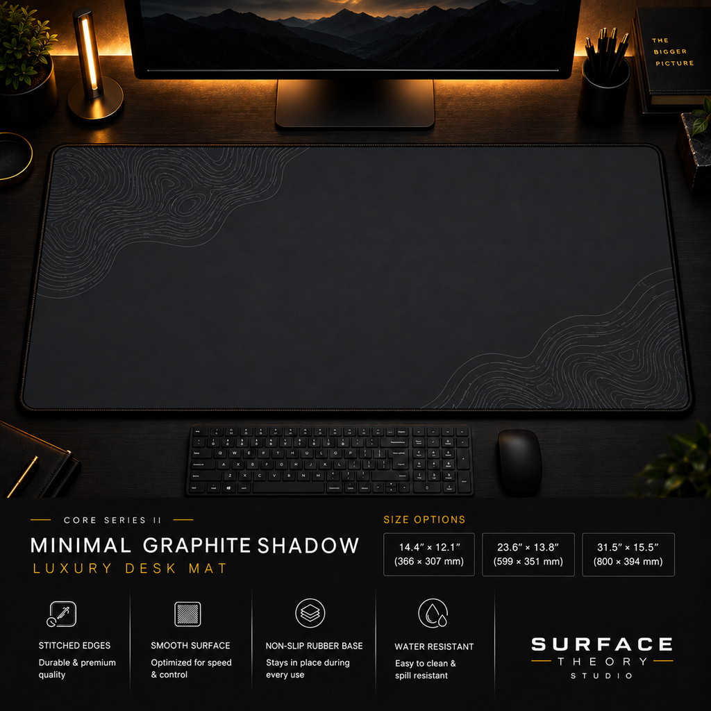 Minimal Graphite Shadow desk mat in a dark workstation with warm monitor lighting.
