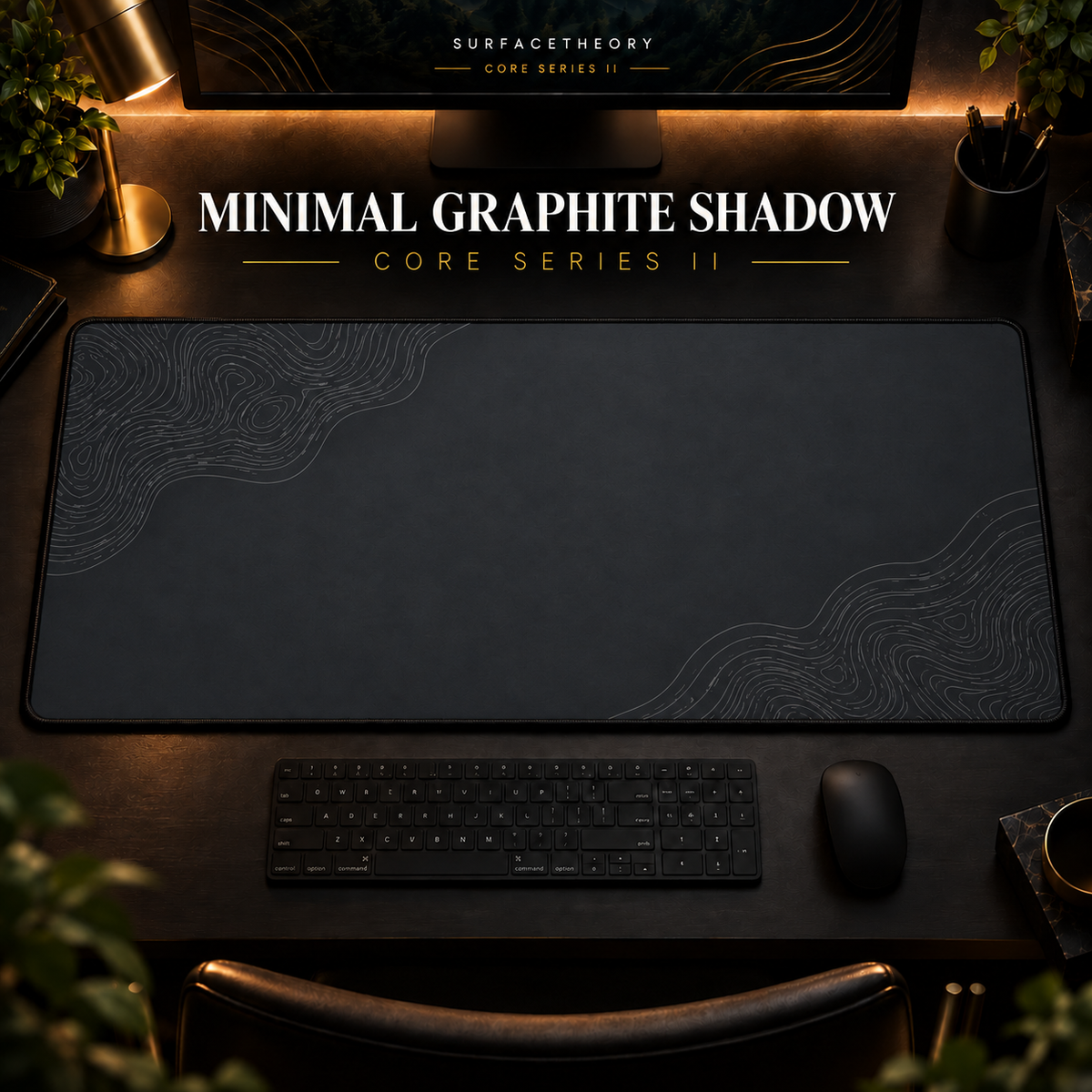 Minimal Graphite Shadow desk mat in a warm, dark workspace.