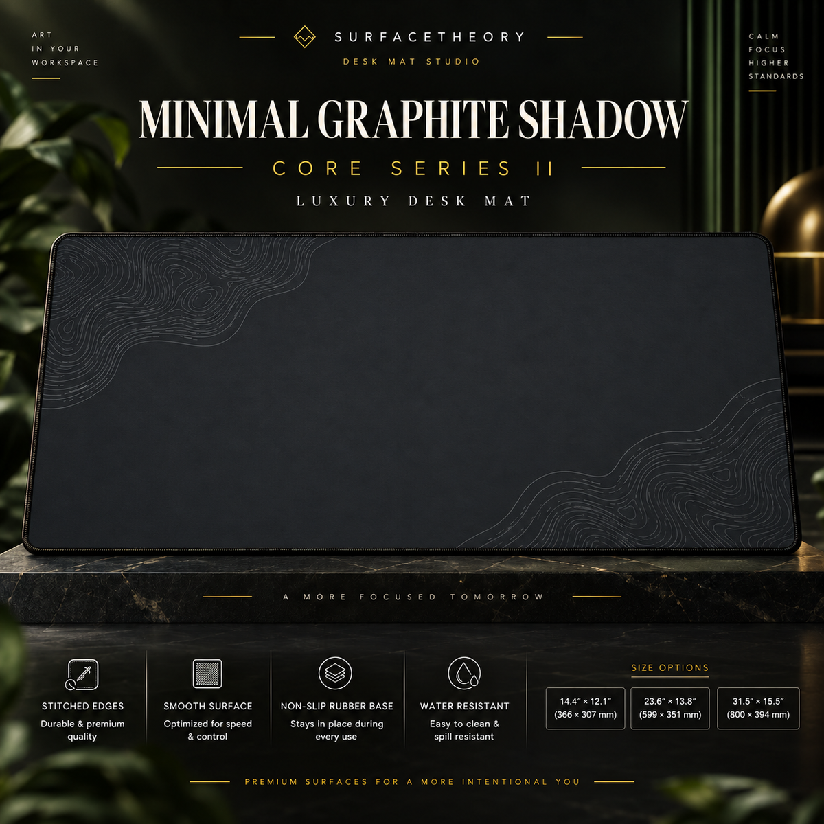 Minimal Graphite Shadow desk mat on a studio display with size and product information.