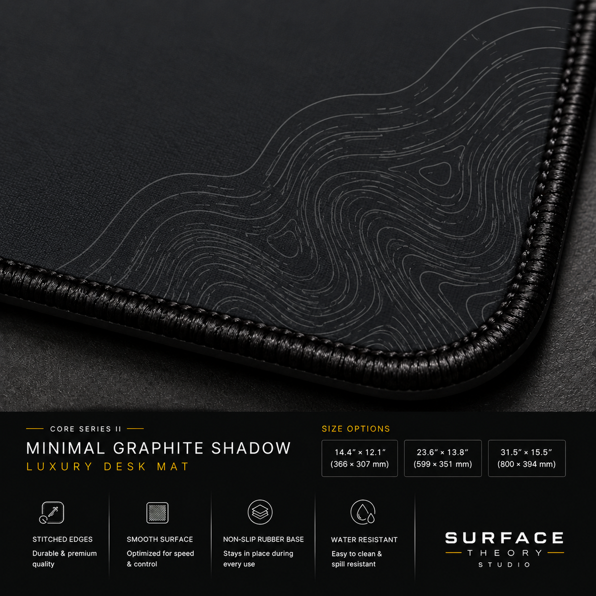 Close-up of Minimal Graphite Shadow printed artwork and black stitched corner.