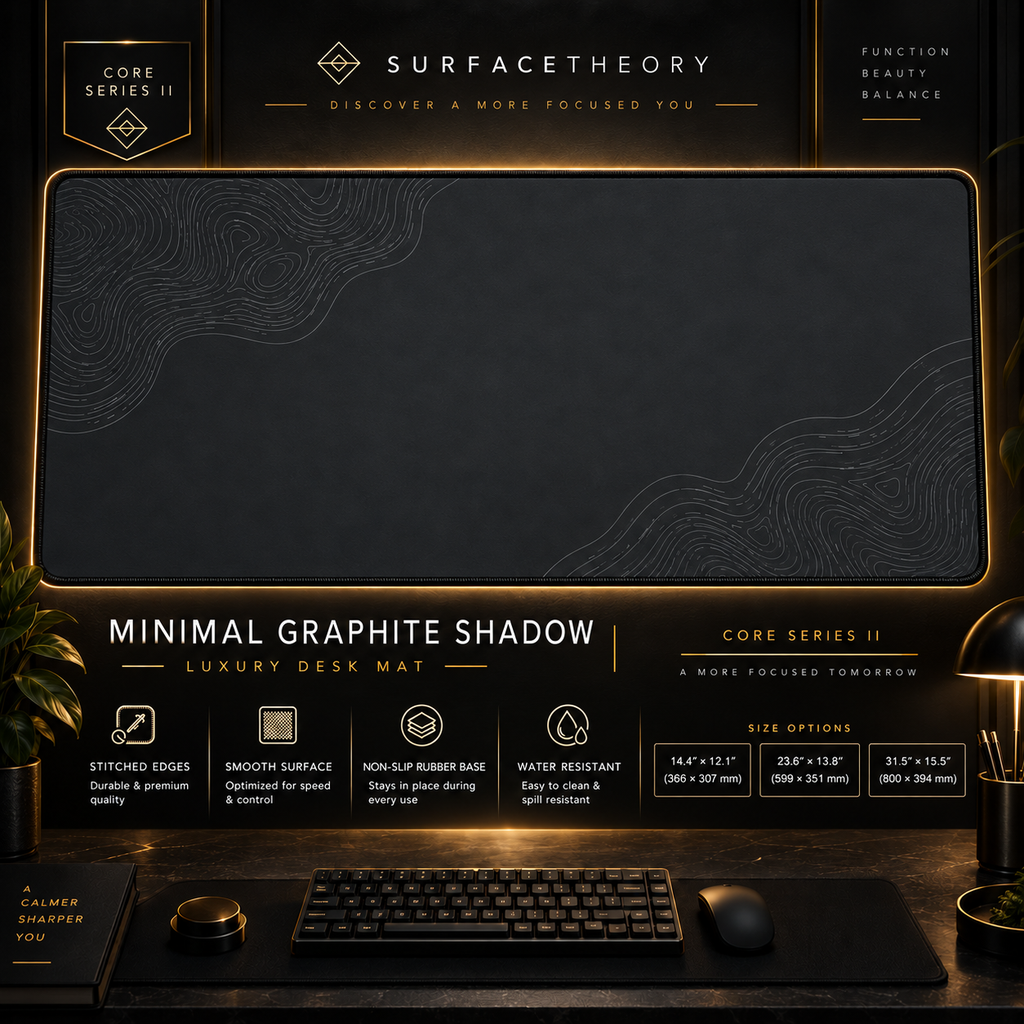 Minimal Graphite Shadow desk mat in a gold-toned showcase frame above a keyboard.