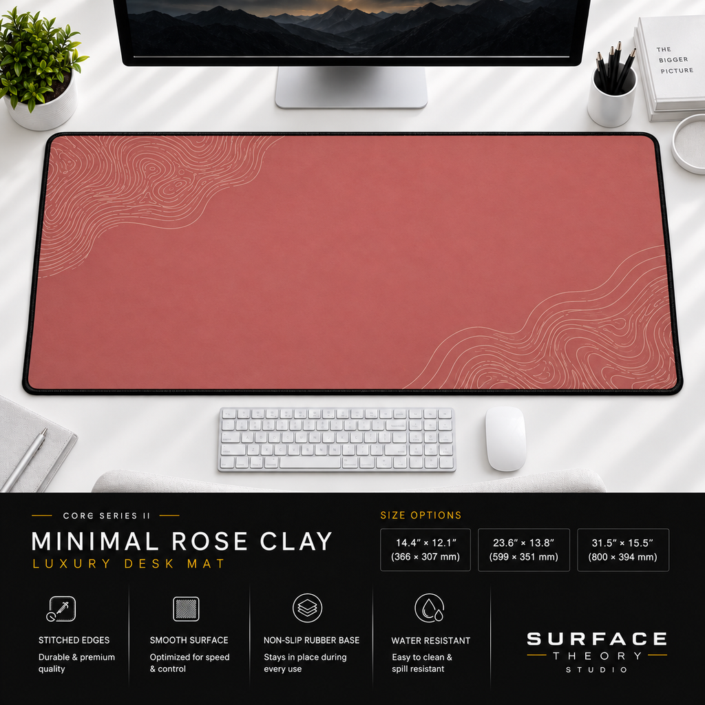 Minimal Rose Clay desk mat beneath a monitor on a bright desk with a white keyboard and mouse.