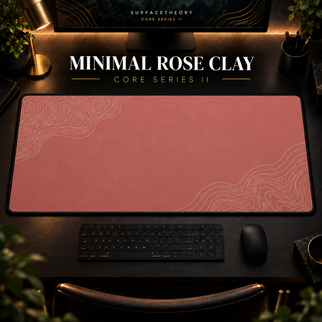 Minimal Rose Clay desk mat in a warm, dark workspace.