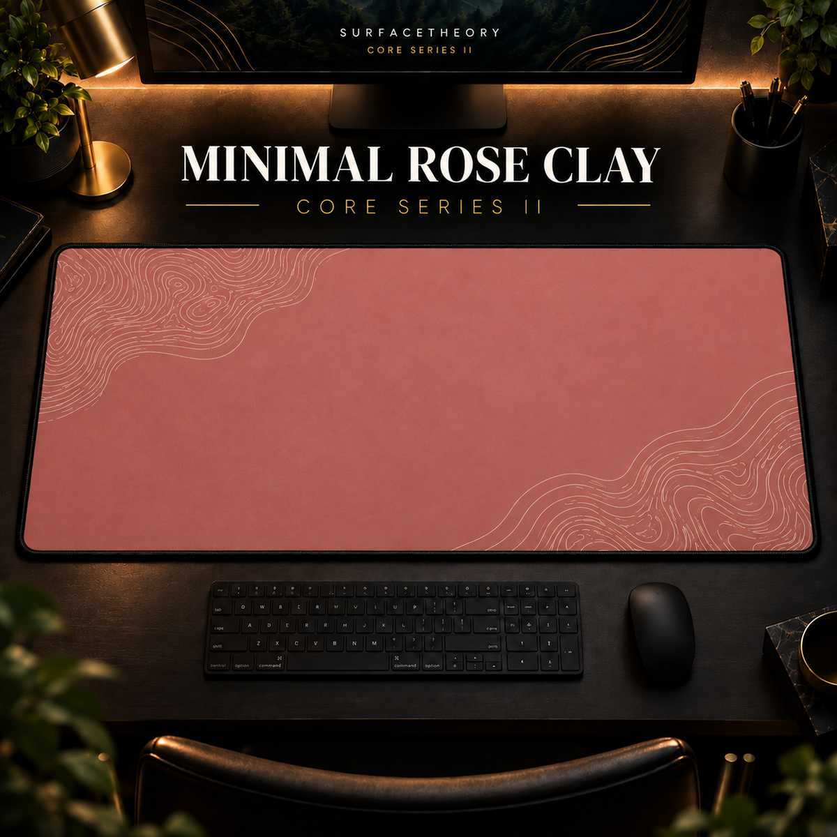 Minimal Rose Clay desk mat in a warm, dark workspace.