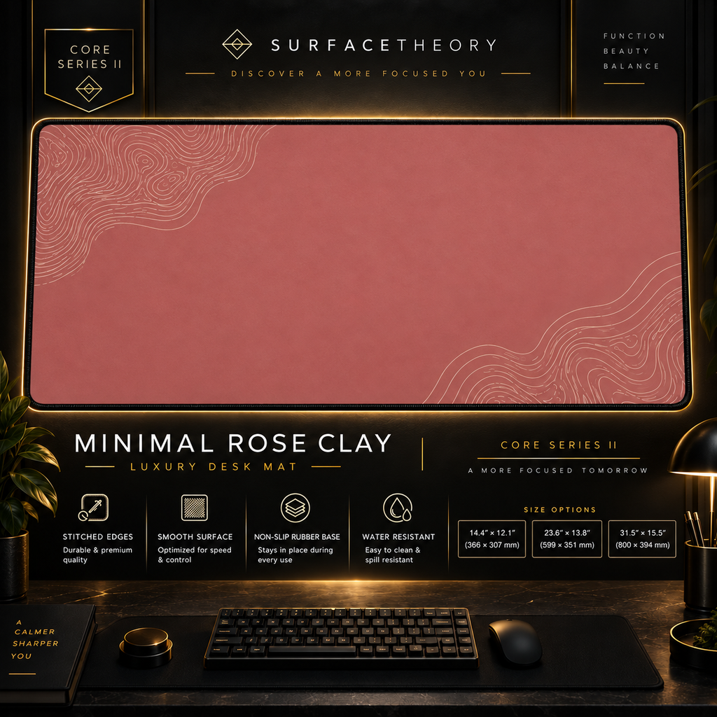 Minimal Rose Clay desk mat in a gold-toned showcase frame above a keyboard.