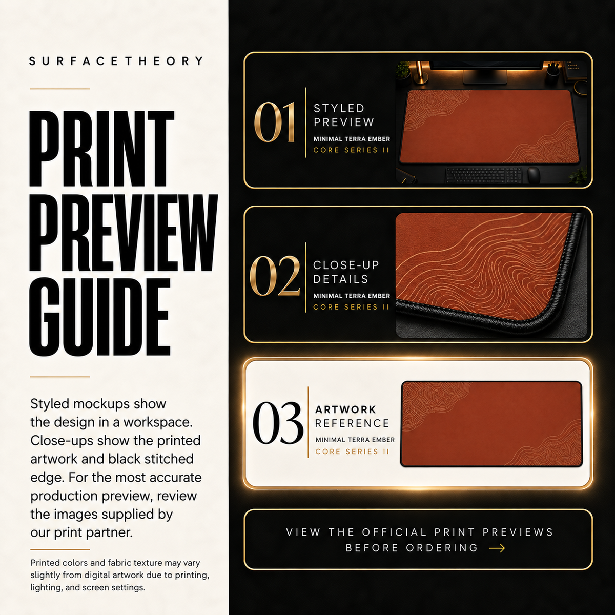 Minimal Terra Ember print preview guide comparing styled presentation, close-up and artwork reference.