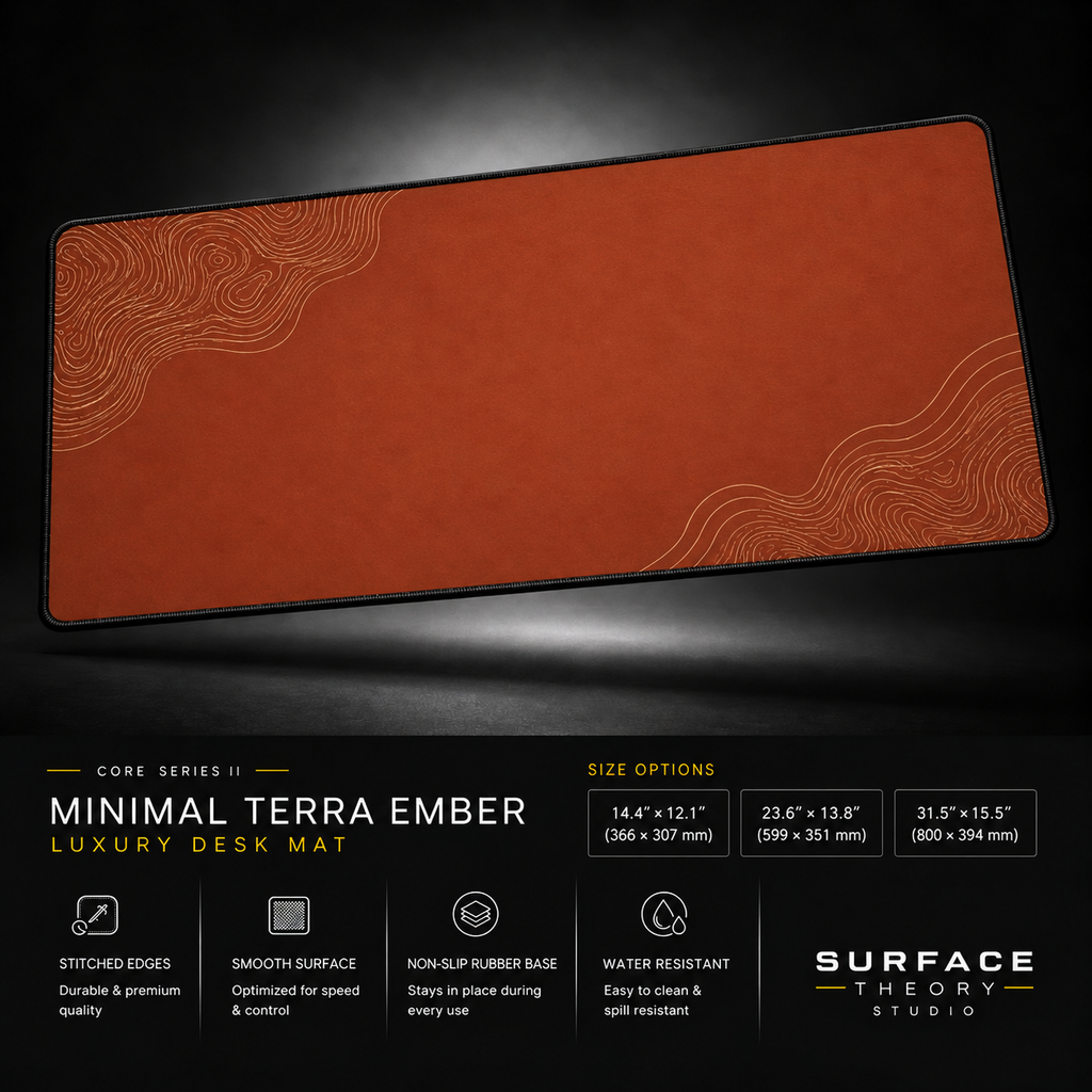 Minimal Terra Ember desk mat floating against a dark studio background.